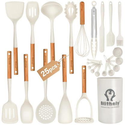 Large Silicone Kitchen Utensils Set with Holder, 25Pcs Cooking Utensil Set with Wooden Handle, Heat Resistant Spatula Sets for Cooking, BPA Free Silicone Utensils Set for Non-Stick Cookware(White) - color: White