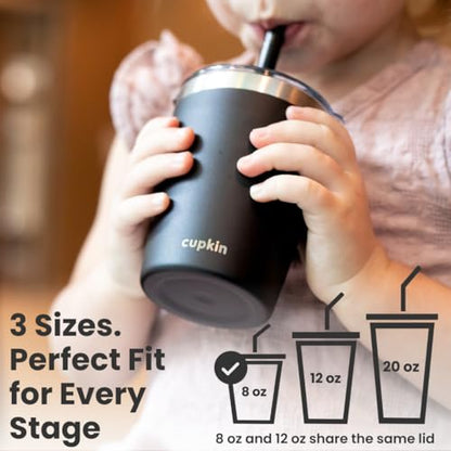 CUPKIN Cups with Lids and Straws, The Original 8 oz Stackable Stainless Steel First Sippy Cup, Set of 2 Powder Coated Insulated Kids Hot Drink Cup + BPA Free Lids + Silicone Straws (Green + Pink) - color: Green + Pink, size: 8 Fl Oz (Pack of 2)