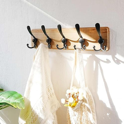 Coat Rack Wall Mount - Heavy-Duty Robust Barnwood-Style Wooden Wall Coat Hanger Hook Rail with 5 Triple Hooks for Winter Coats Hat Jacket Clothing, Weathered Brown & Black - color: Weathered Brown & Black, size: L=17.4"