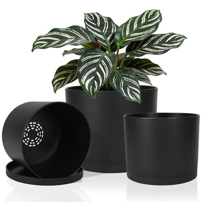 3 Pack Cylinder Planter Set 10/9/8 Inch White Indoor Plant Pots | Modern flower pots with drainage holes and saucers. For outdoor garden, succulent, nursery, and house plants. - color: Black