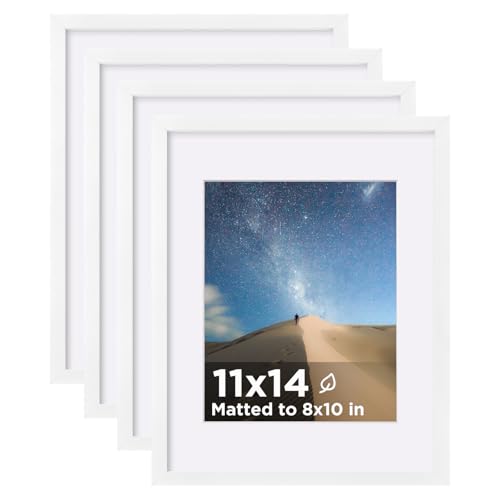 11x14 Picture Frame Set of 4, Wooden 14x11 Photo Frames with Plexiglass for 8x10 Picture with Mat or 11x14 Without Mat, Art Collage for Wall Gallery and Tabletop Display, 11 x 14 Frame White - color: White, size: 11x14
