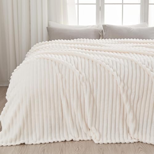 NEWCOSPLAY Fleece Ribbed Cozy King Blanket for Couch, Ivory, 90"x110" | Premium Silky Flannel Blanket, Soft Lightweight Fluffy Throw Blanket for Bed Sofa Decor, Gift for All Season Use - color: Ivory Ribbed, size: King(90"x110")
