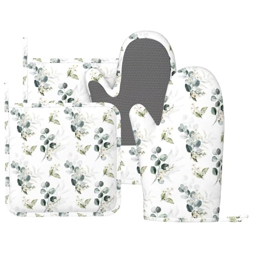 Sage Green Eucalyptus Oven Mitts and Pot Holders Sets Silicone Watercolor Plant Leaves Floral Kitchen Oven Mitts Hot Pads Heat Resistant Potholders Kitchen Mitts Set for Baking BBQ Cooking - color: Green