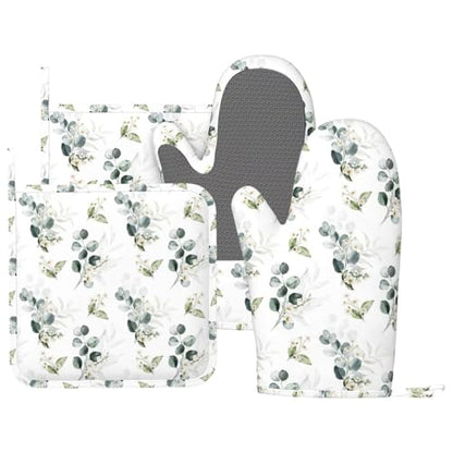 Sage Green Eucalyptus Oven Mitts and Pot Holders Sets Silicone Watercolor Plant Leaves Floral Kitchen Oven Mitts Hot Pads Heat Resistant Potholders Kitchen Mitts Set for Baking BBQ Cooking - color: Green