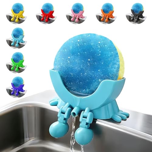 Cute Hanging Sponge Holder with Drainage for Kitchen Sink | 3D Printed Funny Countertop Sponge Holder, Keeps Sponge Dry, Suitable for Scrub Daddy Holder (Blue) - color: Blue