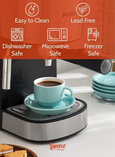 Sweese 2.5 Ounce Porcelain Stackable Espresso Cups with Saucers and Metal Stand Set of 4, Turquoise - color: Turquoise, size: 2.5 Ounces
