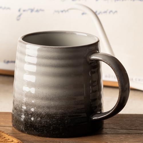 15.5oz Large Heavyweight Ceramic Mug, Reactive (Grey-Black) | 15.5oz Medium-Large, Heavy Weighted Stoneware, Reactive Transmutation Glaze, Microwave & Dishwasher Safe, Gift Box - color: Grey Black