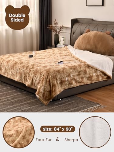 Bearhug Electric Blanket Queen Size with Dual Controls, 10 Heat Levels & 1-12H Auto Shut-Off, Fast Heating Soft Faux Fur to Sherpa Heated Blanket for Couples, Machine Washable, Taupe - color: Champagne-faux Fur & Sherpa, size: Queen Size 84" × 90"