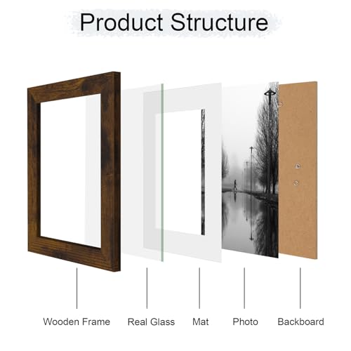 iRahmen 6x8 Picture Frame with Mat 4x6 - High Definition Real Glass Wooden Photo Frames for Tabletop Display and Wall Mounting (Dark Brown, Set of 4) - color: Dark Brown, size: 6X8