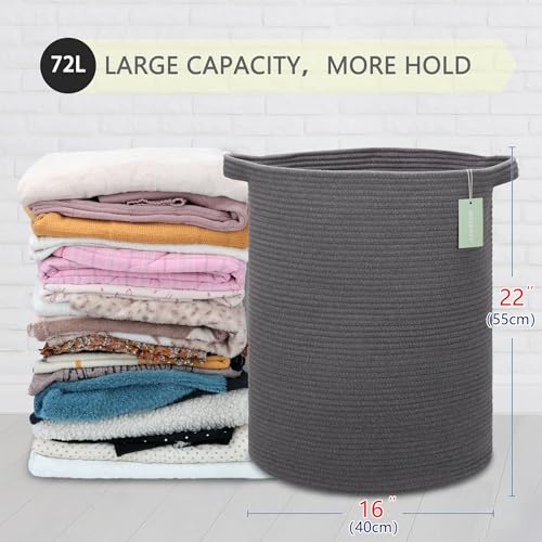 Cotton Rope Blanket Basket, 72L Tall Laundry Hamper, Dark Gray | 16"x 22", Large Collapsible Woven Nursery Hamper with Sturdy Handles for Clothes Toys Towels, Bedroom Living Room Bathroom - color: Dark Gray, size: 72L (16"x22")