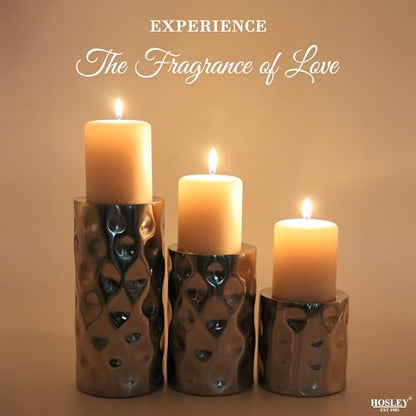 Hosley Set of 3 Silver Pillar Candle Holders – 3", 5", 7" High Decorative Metal Stand with Modern Pebble Pattern Design for Wedding Centerpieces, Holiday Décor, Parties, Table Accents - size: 3 Count (3" High, 5" High, 7" High)