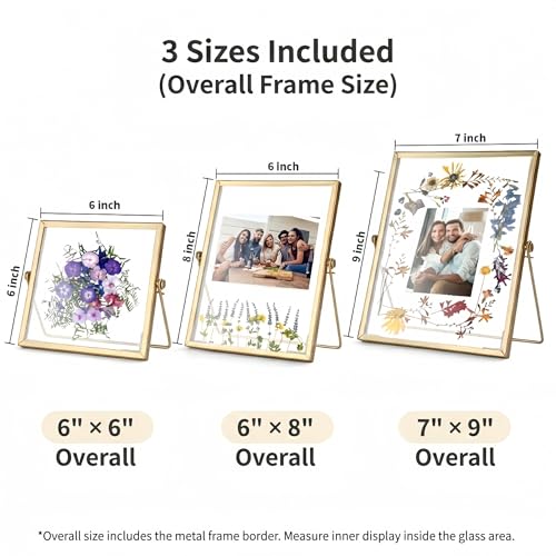 Relaxing Garden Pressed Flower Frame Kit, 3 Frames, 68 Flower Pieces | Three gold double-glass tabletop frames in 6x6, 6x8 and 7x9 sizes, with tweezers for flowers, photos and flat keepsakes.
