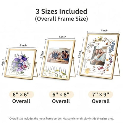 Relaxing Garden Pressed Flower Frame Kit, 3 Frames, 68 Flower Pieces | Three gold double-glass tabletop frames in 6x6, 6x8 and 7x9 sizes, with tweezers for flowers, photos and flat keepsakes.
