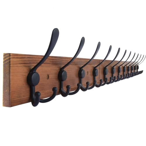 Wall Mount Coat Rack 47.3'' Burnt Brown Hanger - Rustic Towel Rack for Bathroom, Living Room - Hooks for Coats, Hats, Clothes - color: Burnt Brown Plate & Black Hook, size: 1 Item-12 Hooks