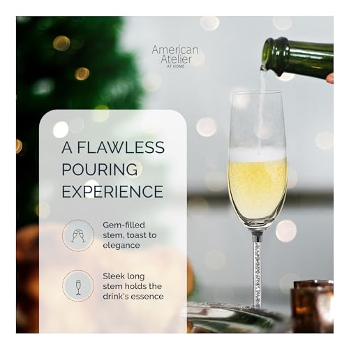 American Atelier Champagne Flutes, Set of 2, Gem Filled Stem, 10in