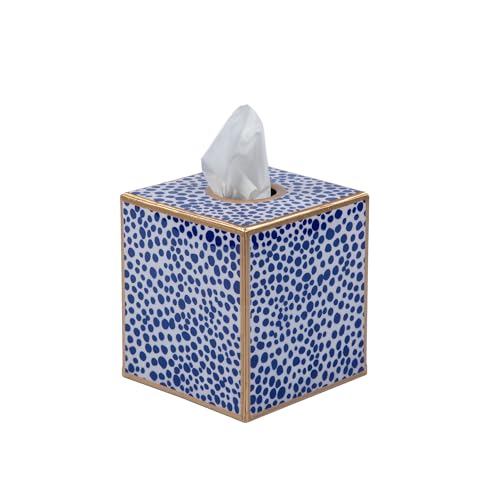 Jaye’s Studio Decorative Square Tissue Box Cover for Bathroom & Home, Premium Tissue Box Holder, Blue & White Print, Luxury Gold Trim & Accents, Shagreen Pattern, Luxury Handmade Metal Decor