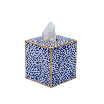 Jaye’s Studio Decorative Square Tissue Box Cover for Bathroom & Home, Premium Tissue Box Holder, Blue & White Print, Luxury Gold Trim & Accents, Shagreen Pattern, Luxury Handmade Metal Decor