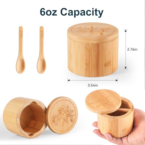 Salt Cellar, 2PCS Salt Container Bamboo Salt and Pepper Box for Countertop with Built-in Spoon & Swivel Lid, Spice Seasoning Storage Bowl, Elegant Salt Holder (Rose & Bird Engraving) - color: Bamboo Bird and Rose Set