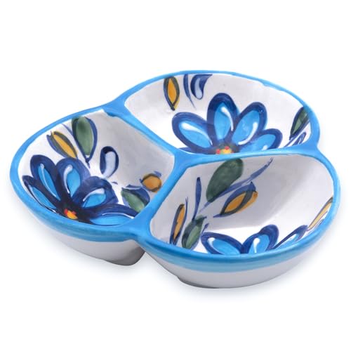 3-Compartment Ceramic Serving Dish, Handmade in Spain | 7.5” divided chip and dip bowl with lead-free glaze, microwave, oven and dishwasher safe, ideal for tapas, snacks and sauces - color: Blue Daisy