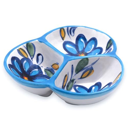 3-Compartment Ceramic Serving Dish, Handmade in Spain | 7.5” divided chip and dip bowl with lead-free glaze, microwave, oven and dishwasher safe, ideal for tapas, snacks and sauces - color: Blue Daisy