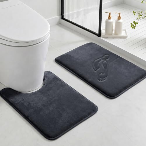 Bathroom Rugs Sets 2 Piece, Non-Slip & Quick Dry Bath Mat Set, Ultra Soft Velvet Bath Rugs for Bathroom, Toilet and Shower Floor, Dark Grey - color: Dark Grey, size: 17"x24"+U Shape 20"x24"