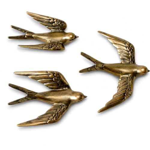 ZASEUCI Set of 3 Resin Bird Wall Sculptures, 5.1-Inch Wall Decor | Set of three 3D resin birds adds elegant natural style to living rooms, bedrooms and entryways - color: Vintage Gold