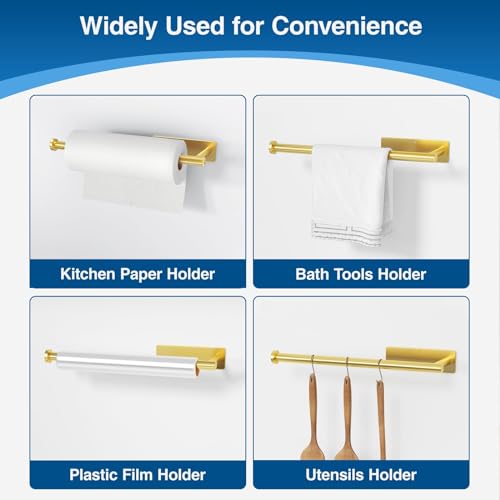 Paper Towel Holder,Self-Adhesive or Drilling， White, 1 Pack | SUS304 Stainless Steel,Kitchen Roll Dispenser Under Cabinet，Wall Mounted Rack - color: Gold