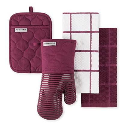 KitchenAid Quilted Cotton Terry Cloth Oven Mitt, Pot Holder, Kitchen Towel 4-Pack Set, Heat Resistant, Silicone Grip, Gift Set, Beet, 16"x26", 7"x13" & 7"x10" - color: Beet