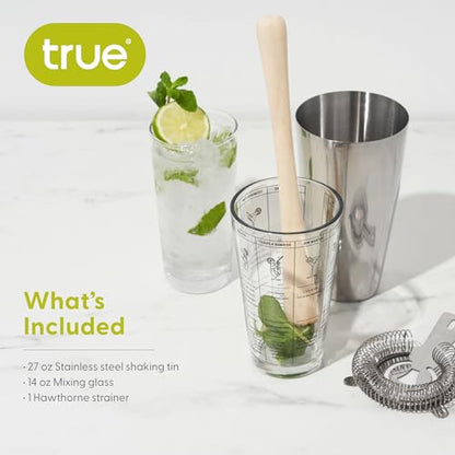 True 3-Piece Barware Set for Mixed Drinks and Cold Brew Cocktails, Includes Cocktail Shaker Tin, Cocktail Mixing Glass with 7 Printed Recipes, and Hawthorne Strainer, Home Bar Tools, Bartender Gifts - size: 3-Piece