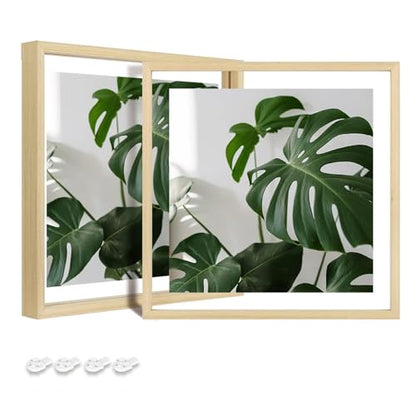 Egofine 8x8 Floating Frames Set of 2, Double Plexiglass Picture Frame, Made of Solid Wood Display Any Size Photo up to 8x8, Wall Mount or Tabletop Standing, Natural Wood - color: Natural Wood, size: 8x8
