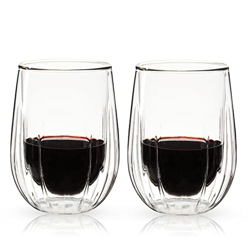 Viski Insulated Double Walled Stemless Wine Glasses, Drinking Glass with Cut Crystal Design, Home Bar Accessories, Glassware, 13 oz, Set of 2, Clear - style: Double-Walled Wine Glasses
