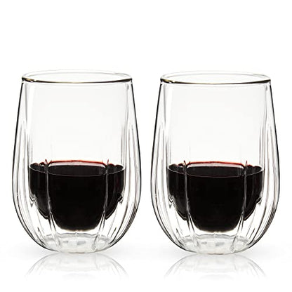 Viski Insulated Double Walled Stemless Wine Glasses, Drinking Glass with Cut Crystal Design, Home Bar Accessories, Glassware, 13 oz, Set of 2, Clear - style: Double-Walled Wine Glasses