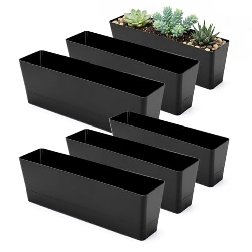 GREANER Rectangle Window Boxes, 6PCS 16x3.8 Inch Black Herb Planters with RemovableTray and Drainage Hole, Succulent Flowers Plastic Pot for Balcony, Office, Windowsill, Garden, Outdoor Decoration Use - size: 6Packs/16x3.8in