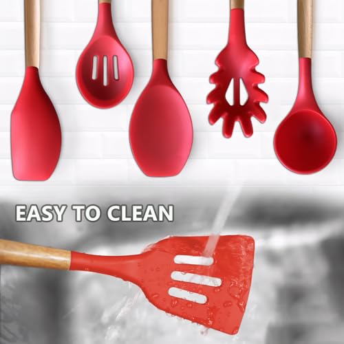 Kitchen Cooking Utensils Set 6Pcs Heat Resistant Silicone Kitchen Utensils Spatula Spoon Turner Ladle w Wooden Handle, BPA FREE Silicone Cooking Tool Gadget Set for Nonstick Cookware & Baking - color: Red, size: Standard 6-Piece Set