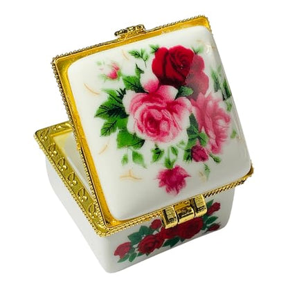 Tiny Square Porcelain Trinket Box | Pink Rose Bouquet | French Style Gift Box with Velvet Bag - style: Pink Rose Bouquet Square