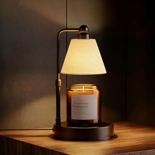 Candle Warmer Lamp with Timer, Dimmable, Adjustable Height, Modern Farmhouse Linen Shade, Black Candle Warming Lamp for Up to 6-Inch Jar Candles, 2 Bulbs Included - color: Flaxen-Conical