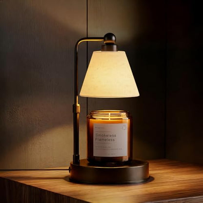 Candle Warmer Lamp with Timer, Dimmable, Adjustable Height, Modern Farmhouse Linen Shade, Black Candle Warming Lamp for Up to 6-Inch Jar Candles, 2 Bulbs Included - color: Flaxen-Conical