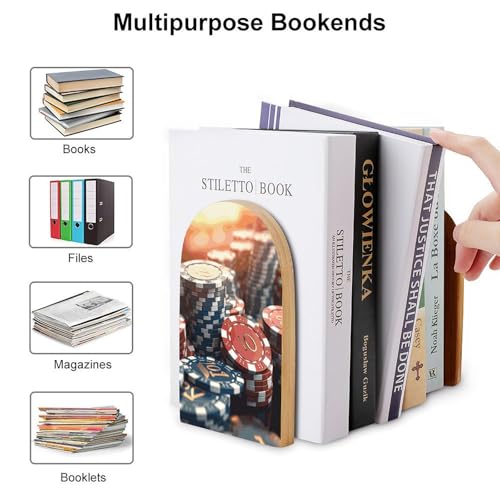 Casino Chips Book Ends for Shelves Heavy Duty Non-Slip Wooden Bookends with Metal Base Modern Decorative Wooden Book Holders Book Stopper for Home Office And Library,Books Shelf Holder Organizer Acces