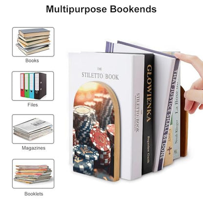 Casino Chips Book Ends for Shelves Heavy Duty Non-Slip Wooden Bookends with Metal Base Modern Decorative Wooden Book Holders Book Stopper for Home Office And Library,Books Shelf Holder Organizer Acces