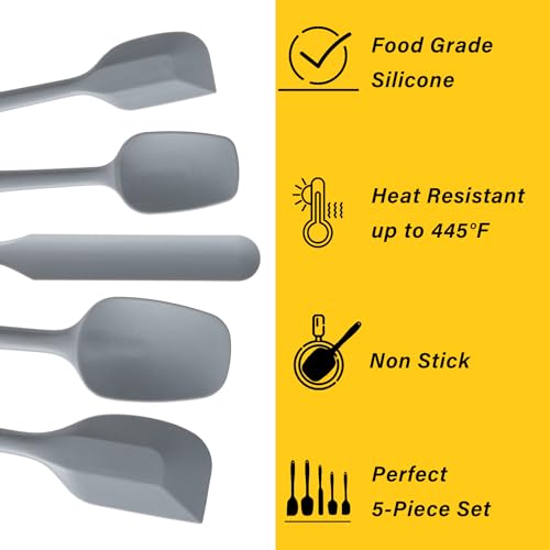 Silicone Spatula Set,5 Piece Food Grade Rubber Spatulas,Grey | Spatulas Silicone Heat Resistant for Baking,Cooking,and Mixing High Heat Resistant Non Stick Dishwasher Safe BPA-Free - color: Gray
