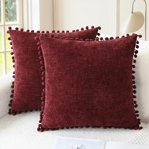 CaliTime Decorative Couch Throw Pillow Covers 16 X 16 Inches Burgundy | Pack of 2, Cozy Chenille Cushion Cases, with Pom Poms for Sofa Bed Living Room Farmhouse Home - color: Burgundy, size: 16" x 16" (Pack of 2)
