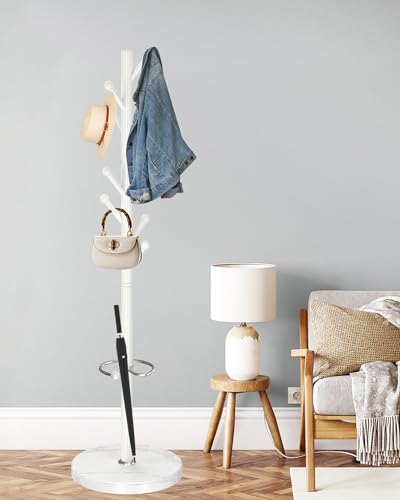 ZOZOE Coat Rack Stand, White Coat Rack Freestanding with Umbrella Holder | Coat Rack with Natural Marble Base,Modern Coat Stand with 8 Hooks,Clothes Tree Stand for Bags Hats in Hallway Entryway Corner - color: White