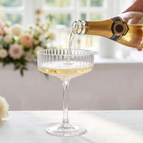Set of 6 Champagne Coupe Glasses 8 oz Clear Ribbed Martini | Classic Design for Weddings, Elegant Martini Cups with Vertical Lines, Bar Glassware for Champagne Toasts and Parties - style: Clear