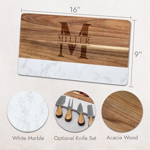 HomeWetBar Personalized Acacia Charcuterie Board | Custom 16 x 9 x 1/2 inch White Marble & Acacia Wood Cheese Board | Perfect Housewarming + Wedding + Couples Gift Idea - style: Winslow Cheese Board