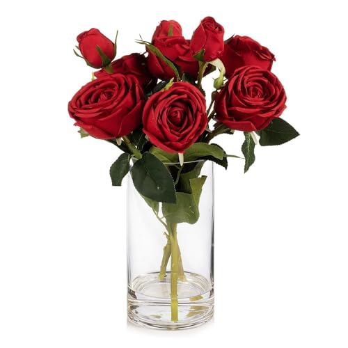 9 Heads Silk Rose Artificial Flowers in Vase,Faux Rose Flowers Arrangement in Vase with Faux Water for Table Decor Centerpieces (Red) - color: Red
