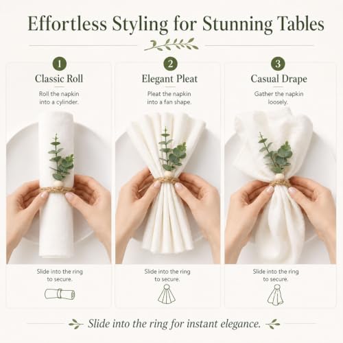 Cloth Napkins and Napkin Rings Set of 6 for Table Decoration | 6PCS White Napkins with 6PCS Boho Green Artificial Leaf Napkin Rings for Wedding Party Dinner Family Gathering Birthday