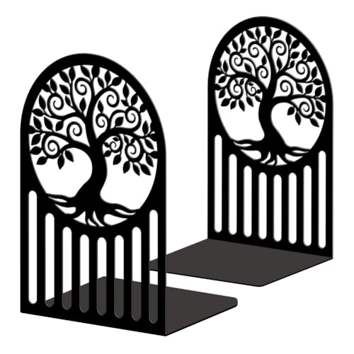 5.3"x4.3"x7.9" Metal Bookends, Heavy Duty Book Ends for Shelves | Tree Of Life Pattern Theme Cast Iron Book Supports, 1 Pair Decor Stoppers for Desk, Library, Office & Home Shelves - style: Tree Of Life Pattern