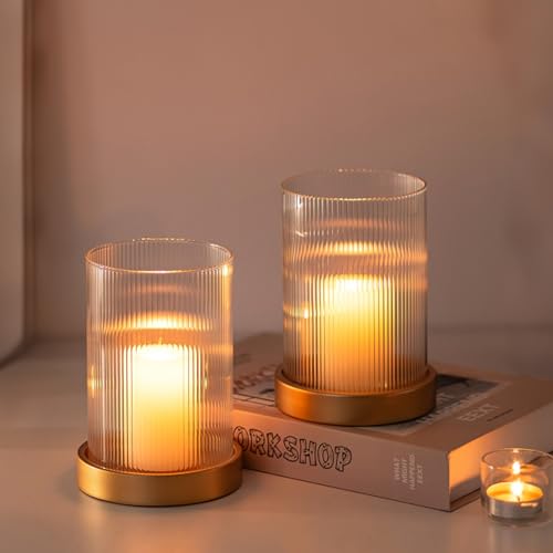 Glasseam Hurricane Glass Candle Holder: Gold Pillar Candle Holders Set of 2 Ribbed Glass Cylinder Covers with Metal Candle Tray Modern Candle Holders for Table Centerpiece Living Room Decorations | 3.94''x5.71'' Ribbed Open-End Sleeve, Fit 4'' Pillar Cand