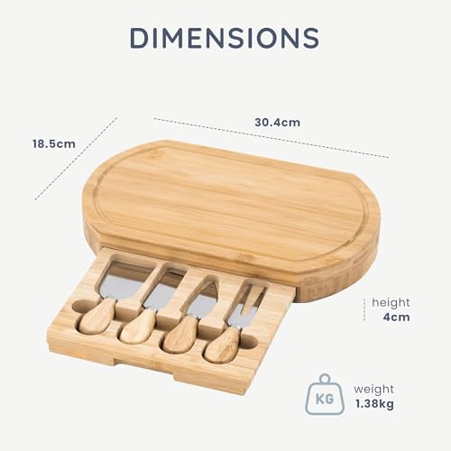 CUQOO Oak Wooden Cheese Board Set with 4 Knives Slide Out Drawer – Large Cheese Platter Cutting for Cracker and Meat | Wooden Serving Plate Tray | Unique Housewarming Gift for Christmas & Birthday