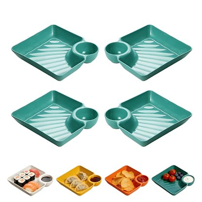 4 Pcs Chips and Salsa Serving Dish Plates, Veggie Platter Dipping Serving Trays with Sauce Rack for Buffet, Family Party, Appetizer, Sushi, Taco, Salsa, Charcuterie, Barbecue Plate. Reusable (Green) - color: Green